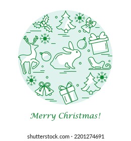 Happy new year 2023, Merry Christmas Vector illustration Christmas tree, gifts, bell, snowflakes, sled, deer, mistletoe. Winter holiday. Festive background