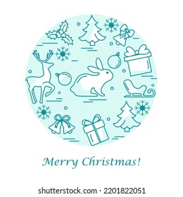 Happy new year 2023, Merry Christmas Vector illustration Christmas tree, gifts, bell, snowflakes, sled, deer, mistletoe. Winter holiday. Festive background