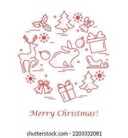 Happy new year 2023, Merry Christmas Vector illustration Christmas tree, gifts, bell, snowflakes, sled, deer, mistletoe. Winter holiday. Festive background