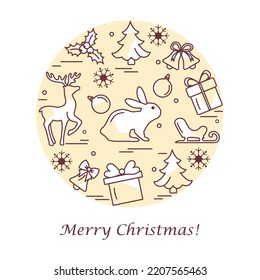 Happy new year 2023, Merry Christmas Vector illustration Christmas tree, gifts, bell, snowflakes, sled, deer, mistletoe. Winter holiday. Festive background
