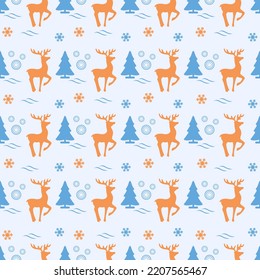 Happy new year 2023, Merry Christmas Seamless pattern Vector illustration Christmas tree, deer. Winter holiday. Festive background