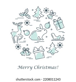 Happy new year 2023, Merry Christmas Vector illustration Christmas tree, gifts, bell, snowflakes, sled, deer, mistletoe. Winter holiday. Festive background
