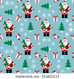 Happy new year 2023, Merry Christmas Seamless pattern Vector illustration Santa Claus with Christmas tree, gifts, Christmas sock, snowflakes. Winter holiday Festive background