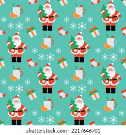 Happy new year 2023, Merry Christmas Seamless pattern Vector illustration Santa Claus with Christmas tree, gifts, Christmas sock, snowflakes. Winter holiday Festive background