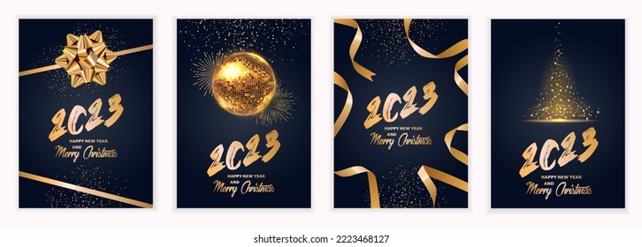 Happy New Year 2023 and Merry Christmas. Set of Christmas templates for party banners, cards, posters, flyers. Disco party poster. Ribbons, bow and disco ball. Vector illustration.