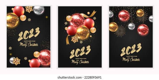 Feliz Año Nuevo 2023 y Feliz Navidad. Conjunto de plantillas de Navidad para banners de fiestas, tarjetas, afiches, volantes. Cartel de la fiesta de disco. Cinta, arco y bola de disco. Ilustración vectorial.