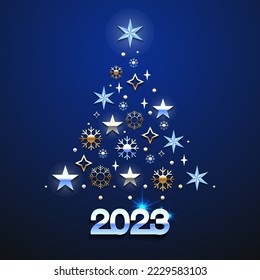 Happy New Year 2023. Merry Christmas, spruce. Background with flat design, golden Christmas decorations, gift toys, baubles, snowflakes, stars composition.Greeting card, banner poster holiday calendar