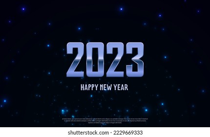 Happy New Year 2023. Merry Christmas. Template for greeting card, banner, flyer. Star sky background and sci-fi 2023 hitech.