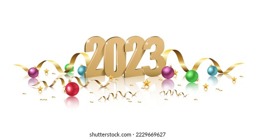 Happy New Year 2023. Merry Christmas. Template for greeting card, banner, flyer. Gold 2023 with ribbons and decorative balls. Isolated. 