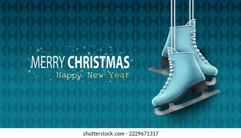 Happy New Year 2023. Merry Christmas. Template for greeting card, banner, flyer. Hanging ice skating shoes on the wall.