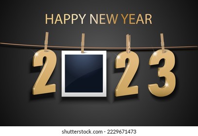 Happy New Year 2023. Merry Christmas. Template for greeting card, banner, flyer. Gold 2023 on the black background.