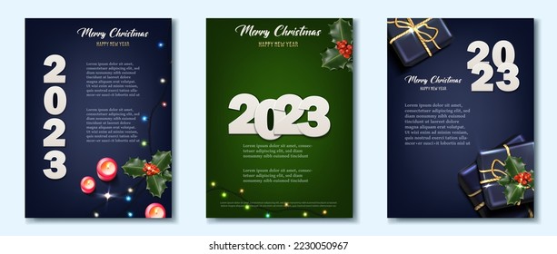 Happy New Year 2023. Merry Christmas. Template for greeting card, banner, flyer. 2023 in white on dark background with Christmas lights, decorations and presents.