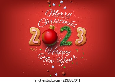 Happy New Year 2023 and Merry Christmas banner, red background, vector illustration