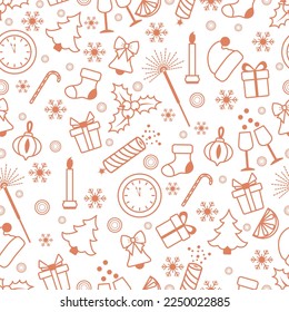 Happy new year 2023, Merry Christmas Seamless pattern. Vector illustration with Santa hat, Christmas tree, clock, firecracker, sparkler, gifts, bell, candle, sock, mistletoe. Winter holiday Festive