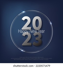 Happy New Year 2023. metal number, text with circle frame on blue gradient background.