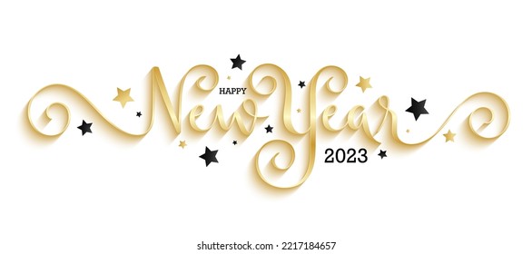 HAPPY NEW YEAR 2023 metallic gold vector brush calligraphy banner