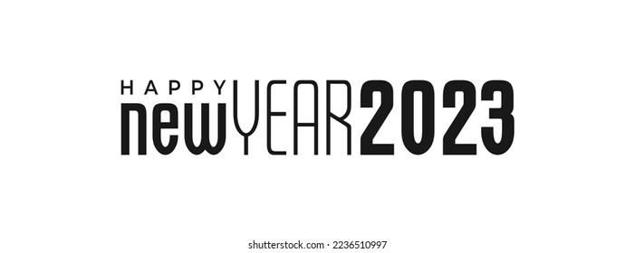 Happy New Year 2023 minimalist Logo. Abstract Hand drawn creative calligraphy vector logo design. 2023 New year black and white logo