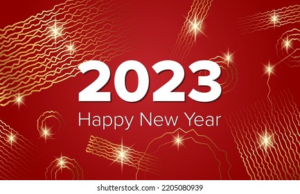 Happy New Year! 2023 Modern abstract banner with red background and golden abstract lines and rings.