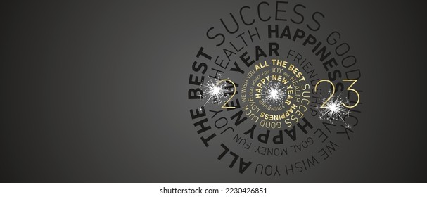 Happy New Year 2023 modern circle word cloud text with sparkle firework golden white black greeting card