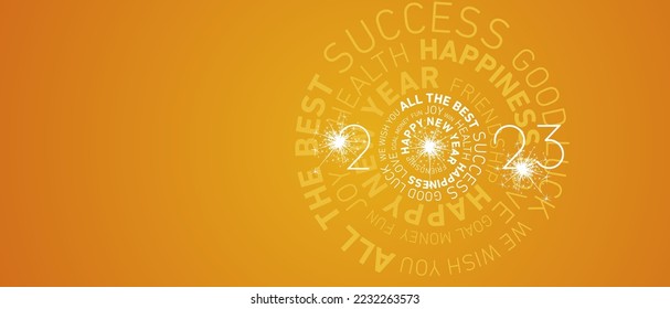 Happy New Year 2023 modern circle word cloud text with sparkle firework white orange yellow greeting card