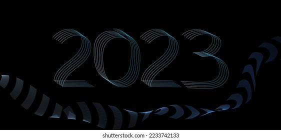 Happy New Year 2023 modern text vector luxury design blue color line on black background. Happy new year banner. 3d Hand drawn, handwritten numbers.