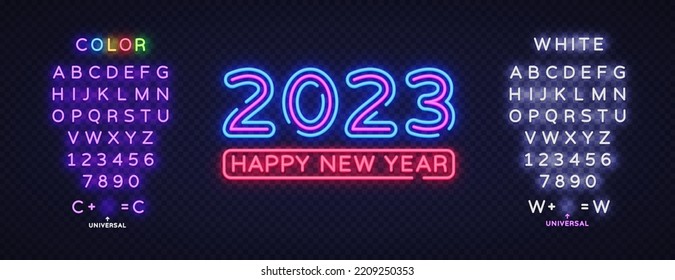 Happy new year 2023 in neon style. Vintage neon new year 2023, great design for any purposes. Greeting card template. Editing text neon sign. Vector graphic illustration