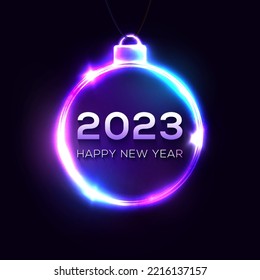 Happy New Year 2023 neon light sign on dark blue background. Christmas decoration glowing frame with shining celebrating text. Greeting card, banner night club design. Bright vector illustration.