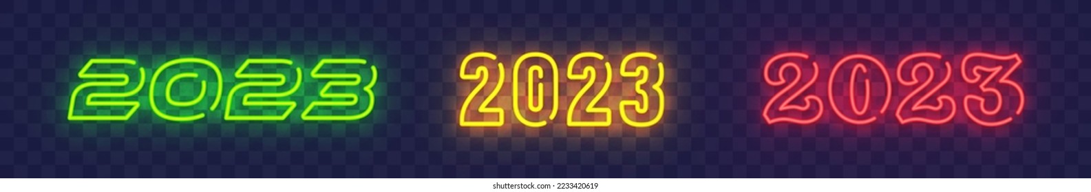 Happy New Year 2023 neon sign. Big set of 2023 Happy New Year neon logo. Vector illustration