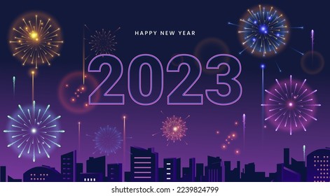 happy new year 2023 nigth eve background with colorful sparkle fire works 