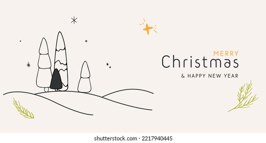 Happy New Year 2023 nordic Scandinavian flat style banner design. Traditional Christmas pine tree decoration, stars, landscape and snowflake object.