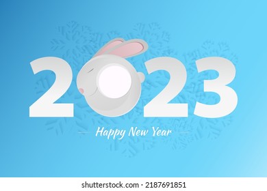 Happy New Year of 2023, number 2023 with Rabbit on abstract snowflake blue background. Year of Rabbit.