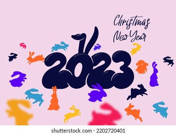 Happy New Year 2023, Number zero with bunny ears. Cute wildlife animal cartoon drawing. Kids vector illustration isolated on pink. group of cute funny numbers 2023 lettering. Running colored rabbits.