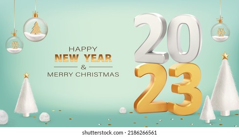 Happy New Year 2023. Numbers 2023 with white fur Christmas trees on blue background. Trendy Xmas background with glass balls, glitter golden confetti. Realistic vector illustration. Banner, invitation