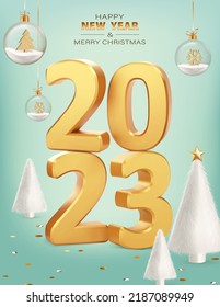 Happy New Year 2023. Numbers 2023 with white fur Christmas trees on blue background. Trendy Xmas background with glass balls, glitter golden confetti. Realistic vector illustration. Banner, invitation