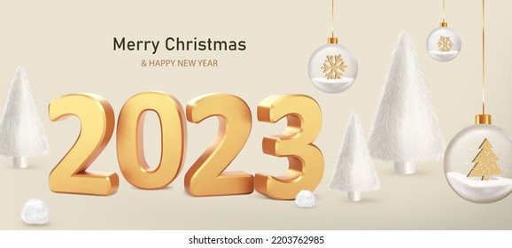 Happy New Year 2023. Numbers 2023 with fur balls and white fur Christmas trees on beige background. Trendy Xmas background with glass balls, glitter golden confetti. Realistic vector illustration