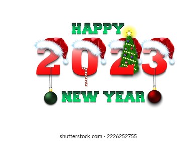 Happy new year 2023. Numbers in Christmas hats with Christmas tree ball. Original template design for greeting card. Vector illustration on isolated background