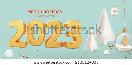Happy New Year 2023. Numbers 2023 with fur balls and white fur Christmas trees on blue background. Trendy Xmas background with glass balls, glitter golden confetti. Realistic vector illustration