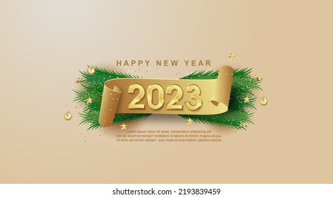 Happy New Year 2023 on ribbons and confetti background. - Shutterstock ID 2193839459