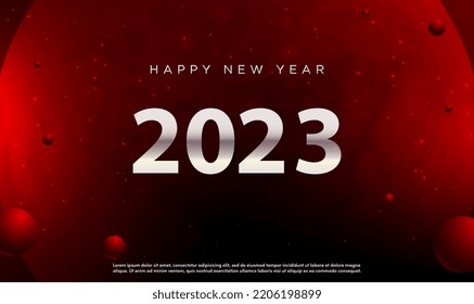Happy new year 2023 on red space background. 2023 Happy New Year Lettering on space Background. Red planet. Merry Christmas. Greeting Card, Banner, Poster. Vector illustration EPS10.