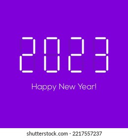 Happy New Year 2023 on purple background. Digital clock numbers. Concept for holiday, christmas, new year, banner, poster, greeting card. Festive poster with 2023 numbers. Vector illustration