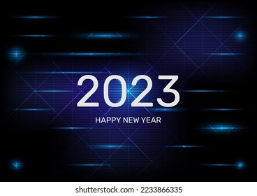 Happy New Year 2023 on hitect, digital or technology abstract background. 2023 futuristic sci fi technology with shine light.