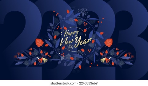 Happy New Year 2023, ornamented leaf design, blue, red and gold. Greeting 2023 celebration concept.
