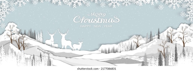 Happy New Year 2023 paper cut,Winter background with Deer in forest tree on mountain,Vector cartoon Magical Night Winter wonderland landscape with snowflakes on blue sky,Banner for Christmas holiday