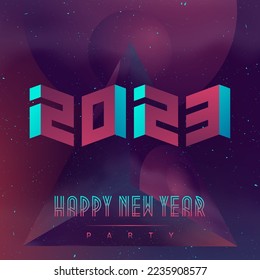 Happy New Year 2023 party. Futuristic design poster with abstract elements in dark space. Illustration applicable for covers, placards, music posters and dj flyers. Figures levitating in outer space. 