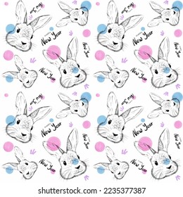 Feliz diseño de patrones de Año Nuevo 2023 con lindo conejo y letras. Papel de envolvimiento, diseño de papel pintado