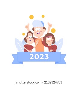 happy new year 2023. people celebrate and enjoy new year's party or festival. have fun with friends and family. happy people welcome the new year. cartoon illustration concept design. poster, calendar