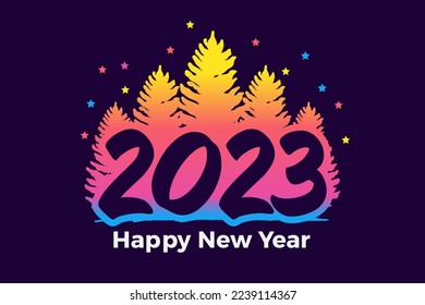 Happy New Year 2023 with a pine tree. Suitable for greeting, stamp, invitations, banners, or background design of 2023. Colorful vector design illustration.