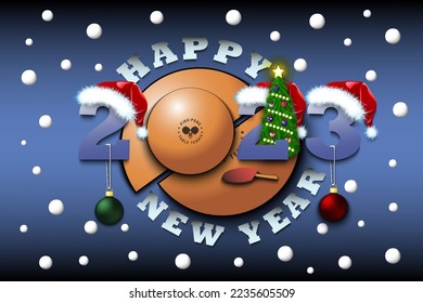 Happy new year. 2023 with ping-pong ball. Numbers in Christmas hats with Christmas tree balls. Original template design for greeting card. Vector illustration on isolated background