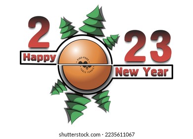Happy new year. 2023 with ping-pong ball and Christmas trees. Original template design for greeting card, banner, poster. Vector illustration on isolated background