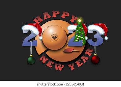 Happy new year. 2023 with ping-pong ball. Numbers in Christmas hats with Christmas tree balls. Original template design for greeting card. Vector illustration on isolated background